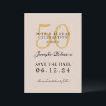Invitation Gold 50th Birthday Save Date avec détails Champagn<br><div class="desc">Design élégant "50th Birthday Party" avec un script de typographie formel,  nom personnalisé et texte de détails. Facile à utiliser et facile à personnaliser. Commandez aujourd'hui !</div>