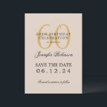 Invitation Gold 60th Birthday Save Date Details Champagne<br><div class="desc">Design élégant "60th Birthday Party" avec un script de typographie formel,  nom personnalisé et texte de détails. Facile à utiliser et facile à personnaliser. Commandez aujourd'hui !</div>