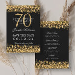 Invitation Gold 70th Birthday Enregistrer la date avec les dé<br><div class="desc">Design élégant "70th Birthday Party" avec Gold String Lights et nom personnalisé et texte de détails. Facile à utiliser et facile à personnaliser. Commandez aujourd'hui !</div>