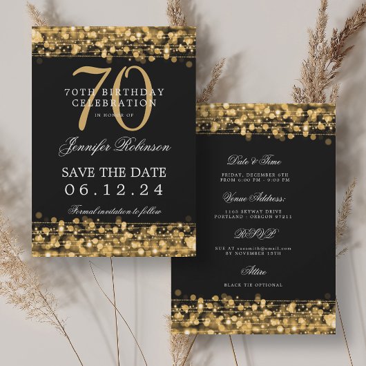 Invitation Gold 70th Birthday Enregistrer la date avec les dé