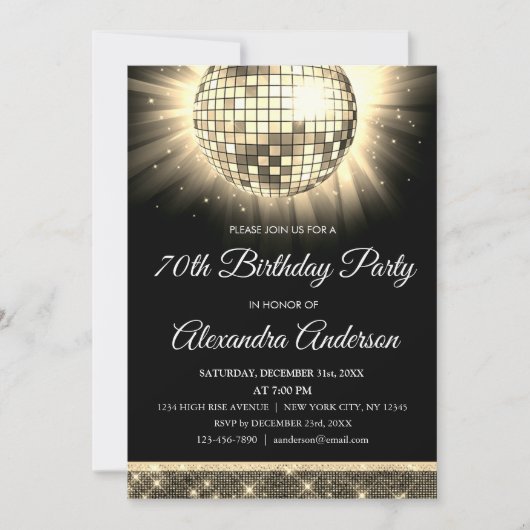 Invitation Gold 70th Birthday Party 70's Disco Ball (Devant)
