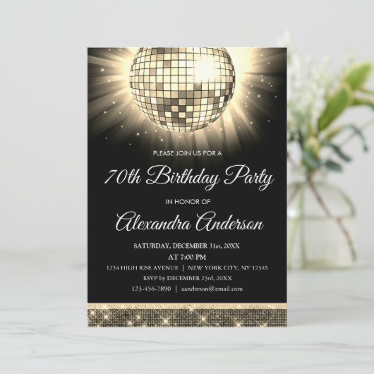 Invitation Gold 70th Birthday Party 70's Disco Ball (Debout devant)