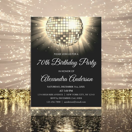 Invitation Gold 70th Birthday Party 70's Disco Ball
