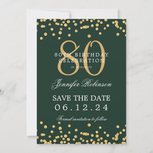 Invitation Gold 80e anniversaire Date de sauvegarde Confetti  (Devant)