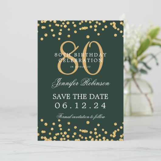 Invitation Gold 80e anniversaire Date de sauvegarde Confetti  (Debout devant)