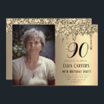 Invitation Gold 90th 90th Drip Elegant Anniversaire<br><div class="desc">Or,  noir,  simple,  photo,  élégant,  féminin,  adulte,  typographie,  étincelant,  glam,  aquarelle 90e anniversaire,  quatre-vingt-dixième invitations. Personnalisez-le avec vos détails.</div>