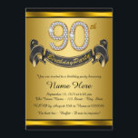 Invitation Gold 90th Birthday Party<br><div class="desc">Invitation de 90ème anniversaire avec numéros de diamant et bannière sur un magnifique arrière - plan noir et or riche. Cette belle invitation de fête de 90ème anniversaire en noir et or est facilement customisée pour votre événement. Vous pouvez modifier la couleur de l'arrière - plan. Ce design frappant fonctionne...</div>