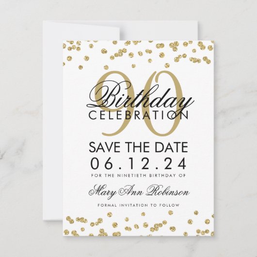 Invitation Gold 90th Birthday Save Date Confetti (Devant)