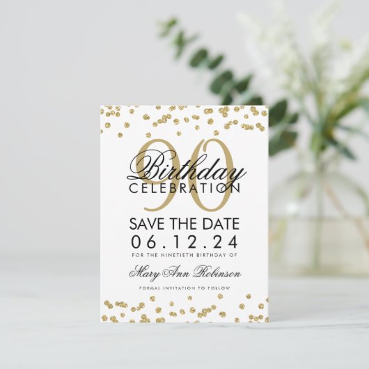 Invitation Gold 90th Birthday Save Date Confetti (Debout devant)