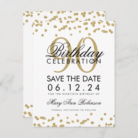 Invitation Gold 90th Birthday Save Date Confetti (Devant / Derrière)
