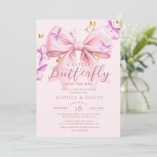 Invitation Gold A Little Butterfly  Pink Bow Baby Shower  (Debout devant)