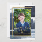Invitation Gold Abstrait Blue Photo Bar Mitzvah Enregistrer l (Devant)