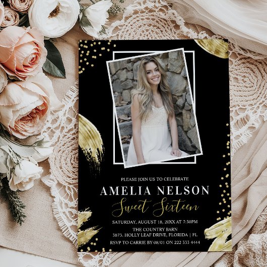 Invitation Gold Abstrait Photo Sweet 16 Anniversaire