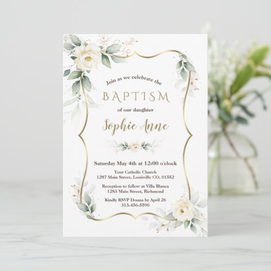 Invitation Gold Airy Greenery Blanc Ivory Floral Baptême (Debout devant)