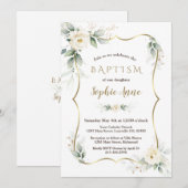 Invitation Gold Airy Greenery Blanc Ivory Floral Baptême (Devant / Derrière)