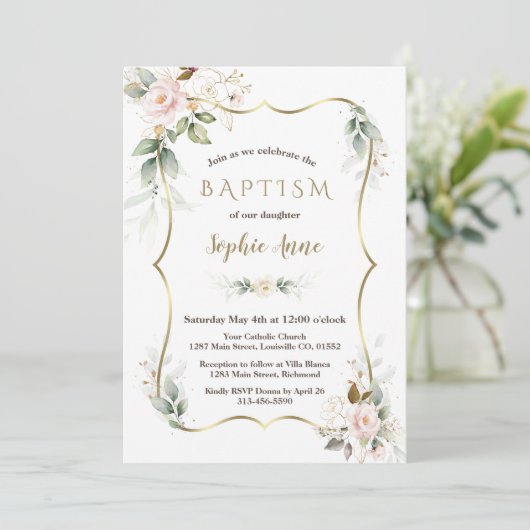 Invitation Gold Airy Greenery Blush Rose Gold Floral Baptism (Debout devant)