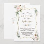 Invitation Gold Airy Greenery Blush Rose Gold Floral Baptism (Devant / Derrière)