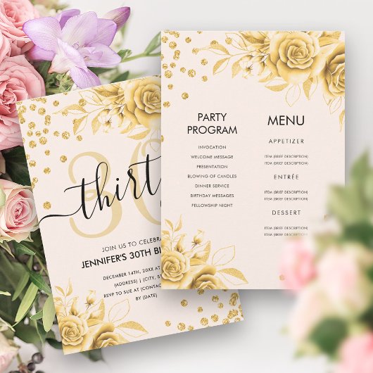 Invitation Gold All in One Floral Parties scintillant 30e ann