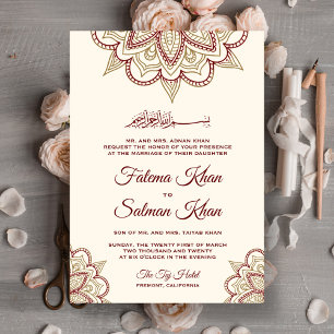 Invitation Gold and Burgundy Henna Mehndi Islamic Wedding