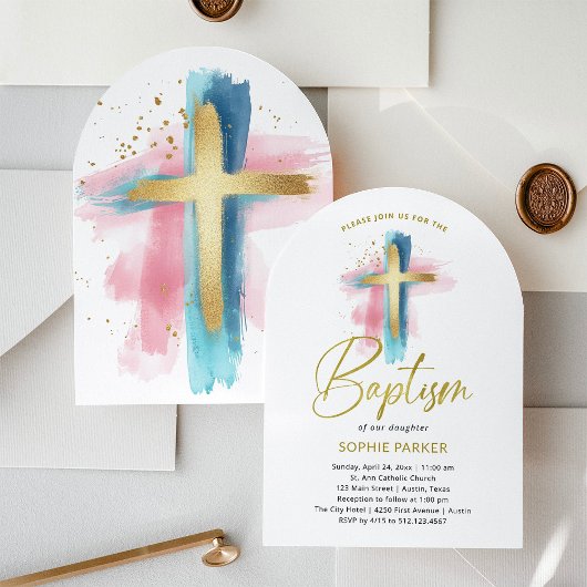 Invitation Gold and Watercolor Cross | Baptism