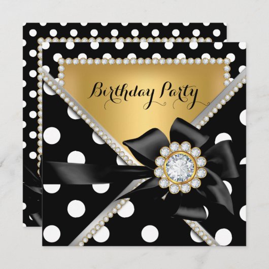 Invitation Gold Anniversaire Party Noir Blanc Pois (Devant / Derrière)