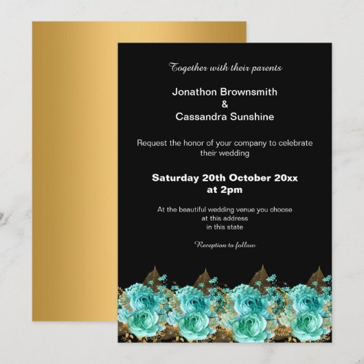 Invitation Gold Aqua Floral Mariage Arrière - plan noir (Devant / Derrière)