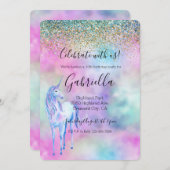 Invitation Gold Aqua Parties scintillant violet blanc Unicorn (Devant / Derrière)