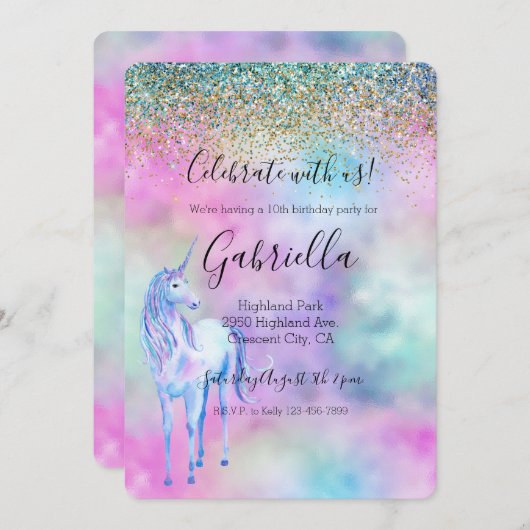 Invitation Gold Aqua Parties scintillant violet blanc Unicorn (Devant / Derrière)