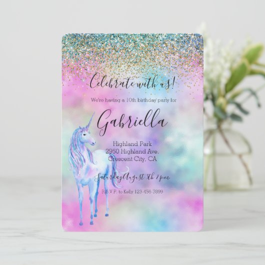 Invitation Gold Aqua Parties scintillant violet blanc Unicorn (Debout devant)