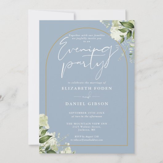 Invitation Gold Arch Floral Dusty Blue Mariage Soirée (Devant)