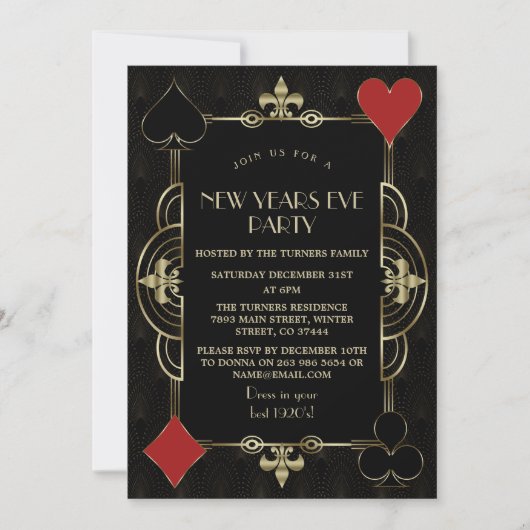 Invitation Gold Art Déco Black 1920 New Years Eve Party (Devant)