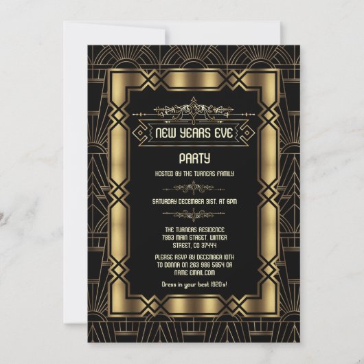 Invitation Gold Art Déco Gatsby 1920's New Year's Eve Party (Devant)