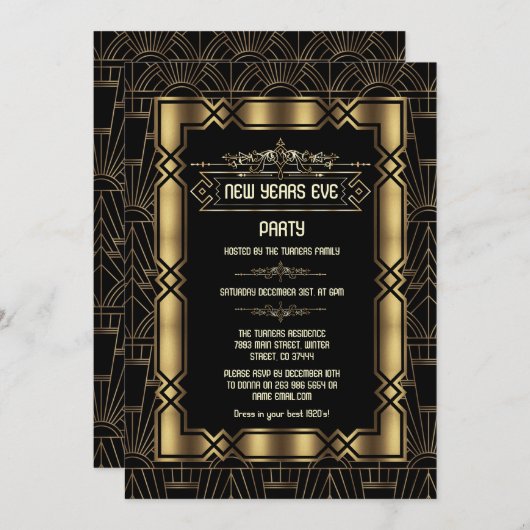 Invitation Gold Art Déco Gatsby 1920's New Year's Eve Party (Devant / Derrière)