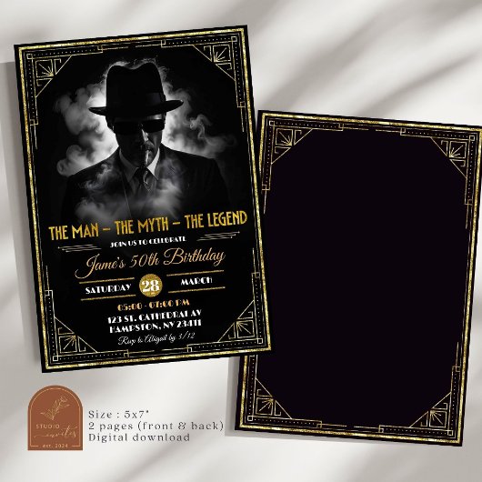 Invitation Gold Art Deco The Man Myth Legend Anniversaire