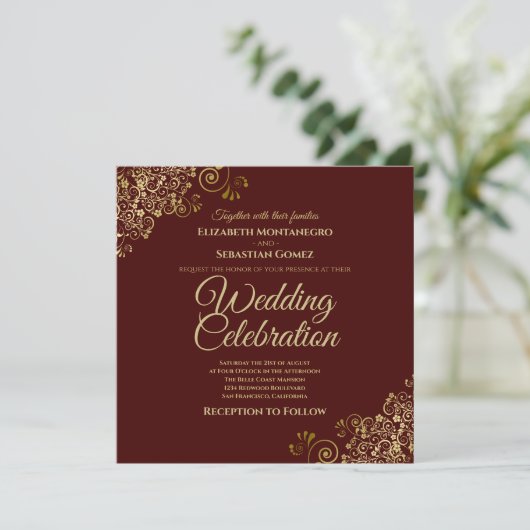 Invitation Gold Auburn Brown simple Elegant Carré Mariage (Debout devant)
