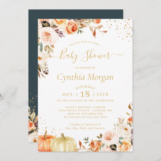 Invitation Gold Automne Floral Boho Chic Baby shower d'automn (Devant / Derrière)