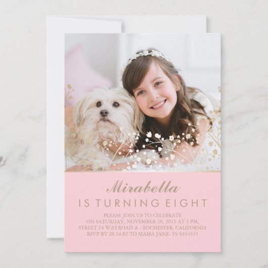 Invitation Gold Baby's Breath Pink Photo Anniversaire (Devant)