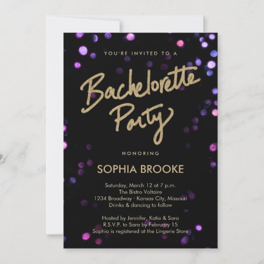 Invitation Gold Bachelorette avec lumières Shimmer (Devant)