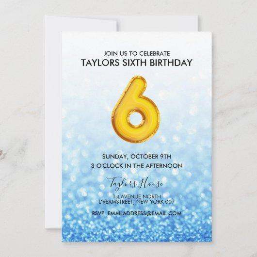 Invitation Gold Balloon Blue Parties scintillant 6e fête d'an (Devant)