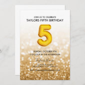 Invitation Gold Balloon Gold Parties scintillant 5e fête d'an (Devant / Derrière)