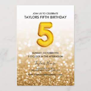 Invitation Gold Balloon Gold Parties scintillant 5e fête d'an