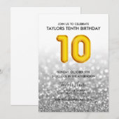 Invitation Gold Balloon Parties scintillant d'argent 10e anni (Devant / Derrière)