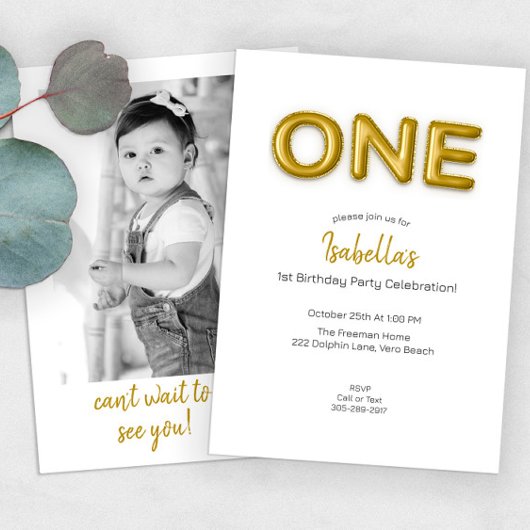 Invitation Gold Balloon Premier anniversaire Photo Party Invi