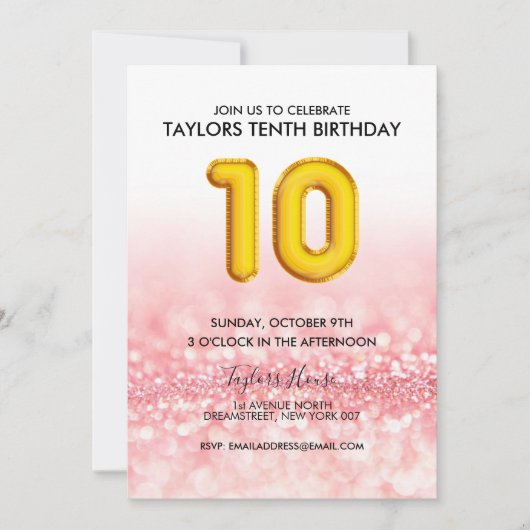 Invitation Gold Balloon rose Parties scintillant 10e fête d'a (Devant)