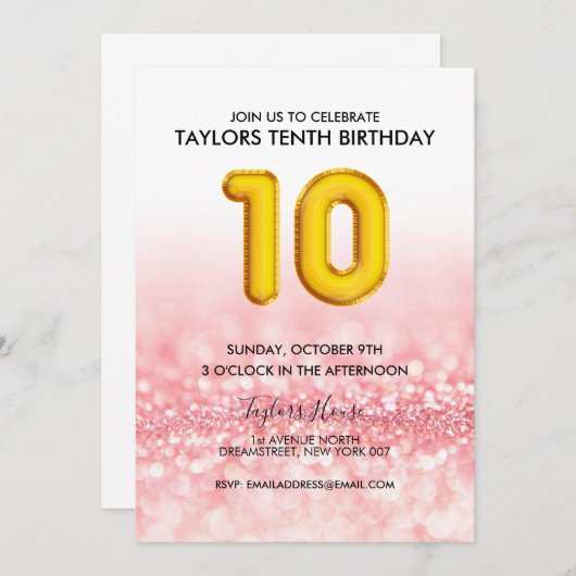 Invitation Gold Balloon rose Parties scintillant 10e fête d'a (Devant / Derrière)