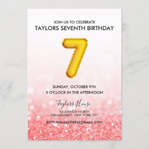 Invitation Gold Balloon Rouge rose Parties scintillant 7e fêt