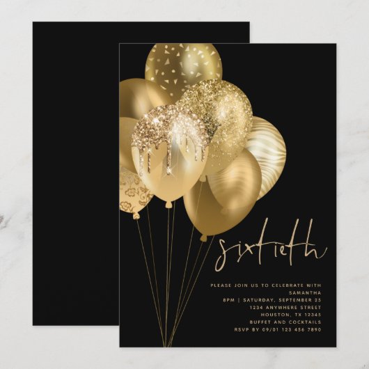Invitation Gold Balloons Parties scintillant Noir 60e fête d' (Devant / Derrière)