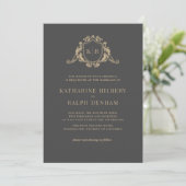 Invitation Gold Baroque Crest Dark Grey Monogram Mariage (Debout devant)