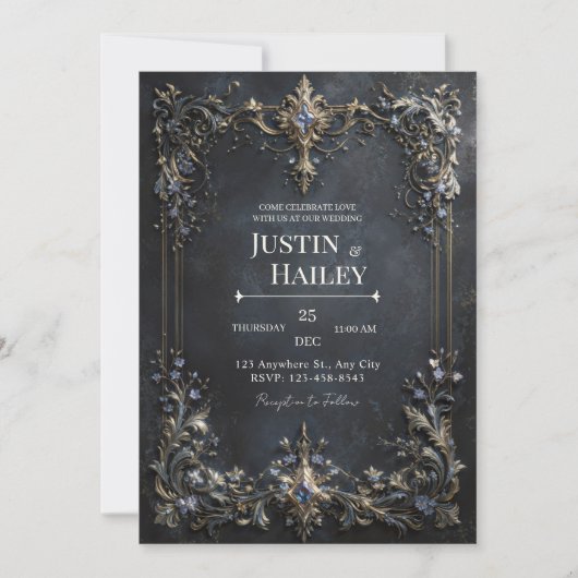 Invitation Gold Baroque Frame Blue Gem Dark Teal Wedding (Devant)