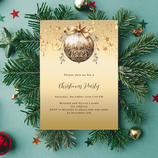 Invitation Gold bauble stars vintage Christmas Party